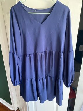 Navy V-Neck Tiered Long Sleeve Dress